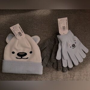 Toddler BEAR * Hat & 2-pack Gloves Set * Blue White Gray * Winter Set for Child